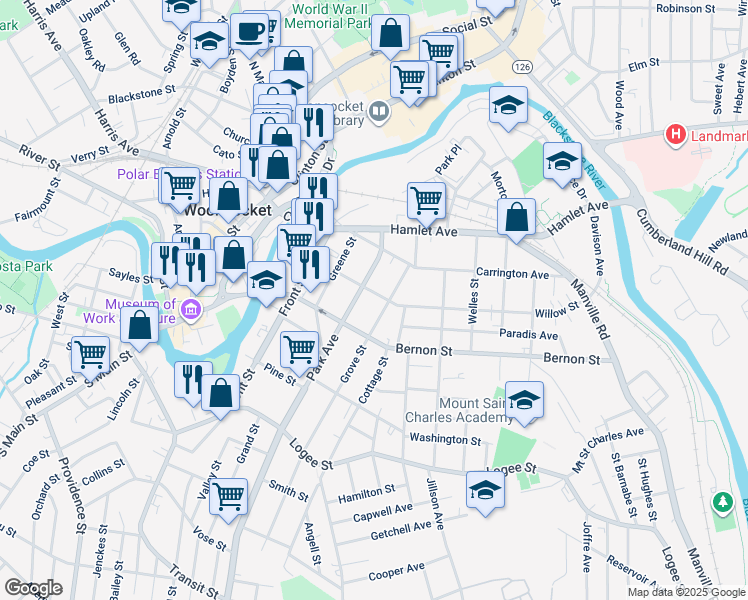 map of restaurants, bars, coffee shops, grocery stores, and more near 191 Grove Street in Woonsocket