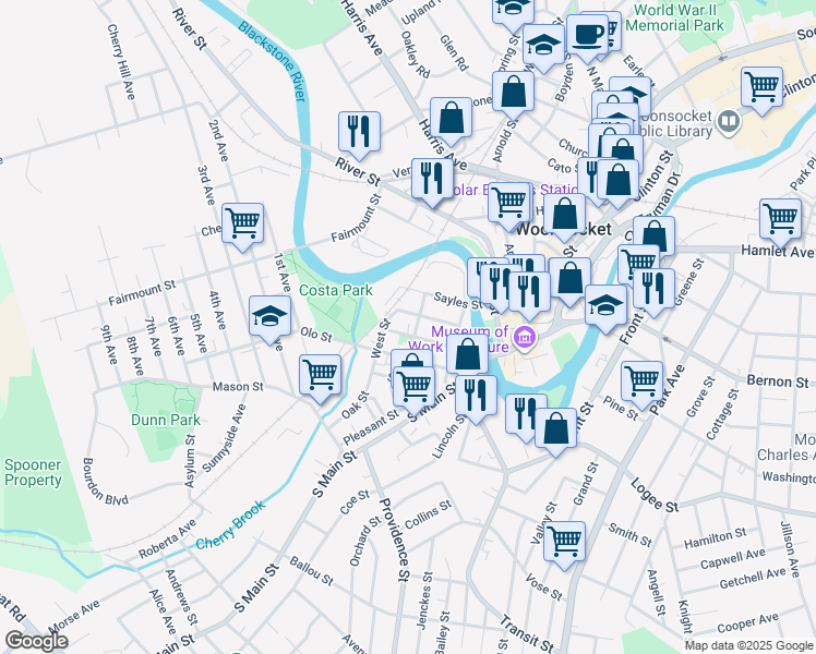 map of restaurants, bars, coffee shops, grocery stores, and more near 127 Hope Street in Woonsocket