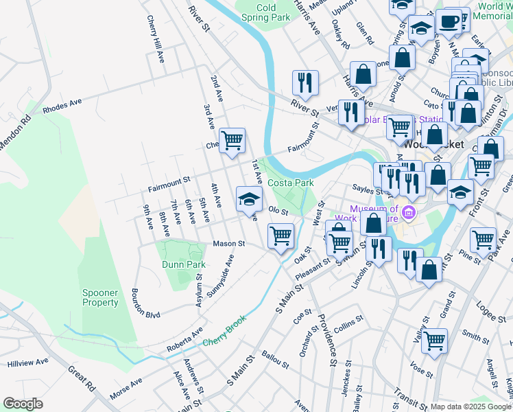 map of restaurants, bars, coffee shops, grocery stores, and more near 149 2nd Avenue in Woonsocket