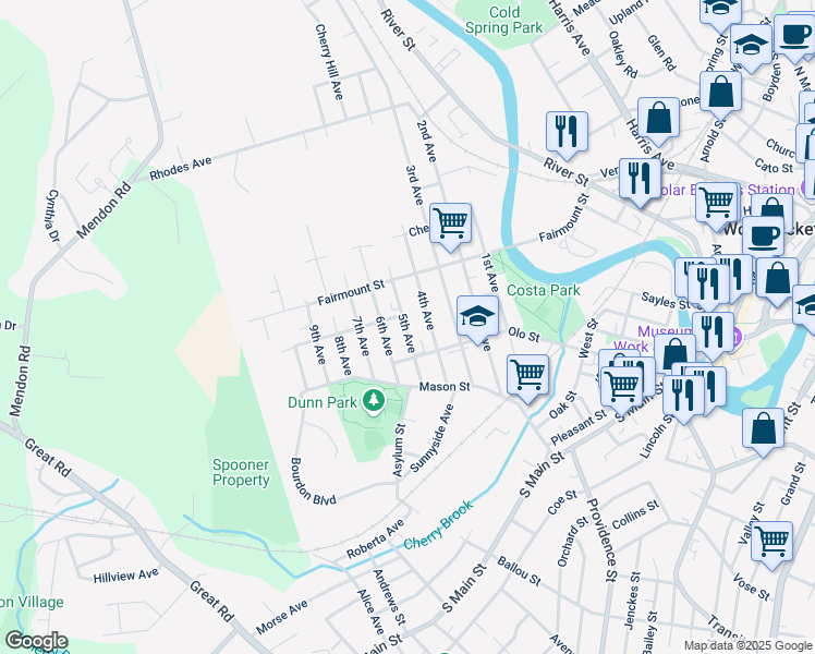 map of restaurants, bars, coffee shops, grocery stores, and more near 131 5th Avenue in Woonsocket