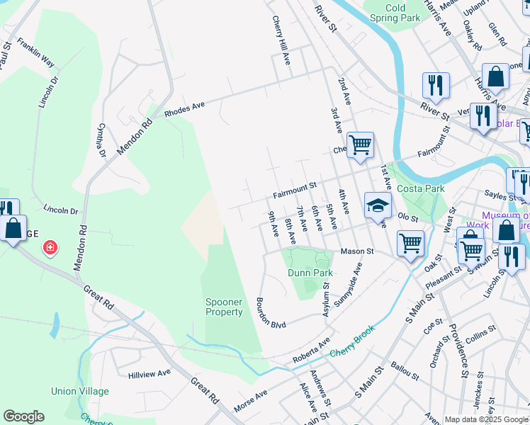 map of restaurants, bars, coffee shops, grocery stores, and more near 418 9th Avenue in Woonsocket