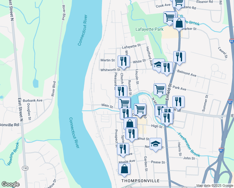 map of restaurants, bars, coffee shops, grocery stores, and more near 22h Pleasant Street in Enfield