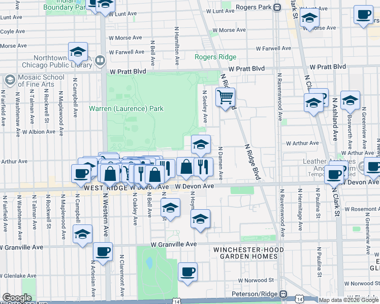map of restaurants, bars, coffee shops, grocery stores, and more near 6505 North Hoyne Avenue in Chicago