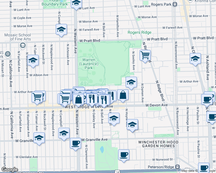 map of restaurants, bars, coffee shops, grocery stores, and more near 2210 West Arthur Avenue in Chicago