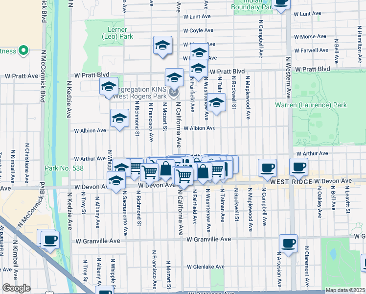 map of restaurants, bars, coffee shops, grocery stores, and more near 6520 North Fairfield Avenue in Chicago
