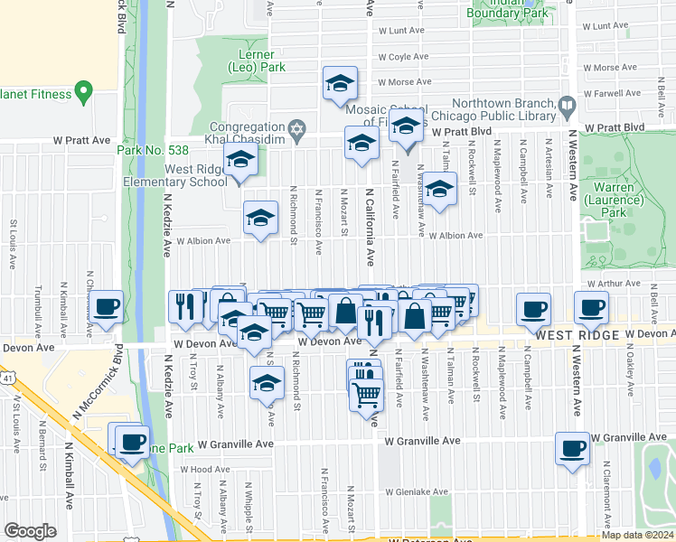 map of restaurants, bars, coffee shops, grocery stores, and more near 6521 North Francisco Avenue in Chicago