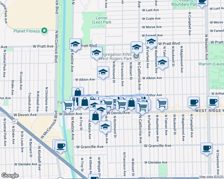 map of restaurants, bars, coffee shops, grocery stores, and more near 6520 North Richmond Street in Chicago
