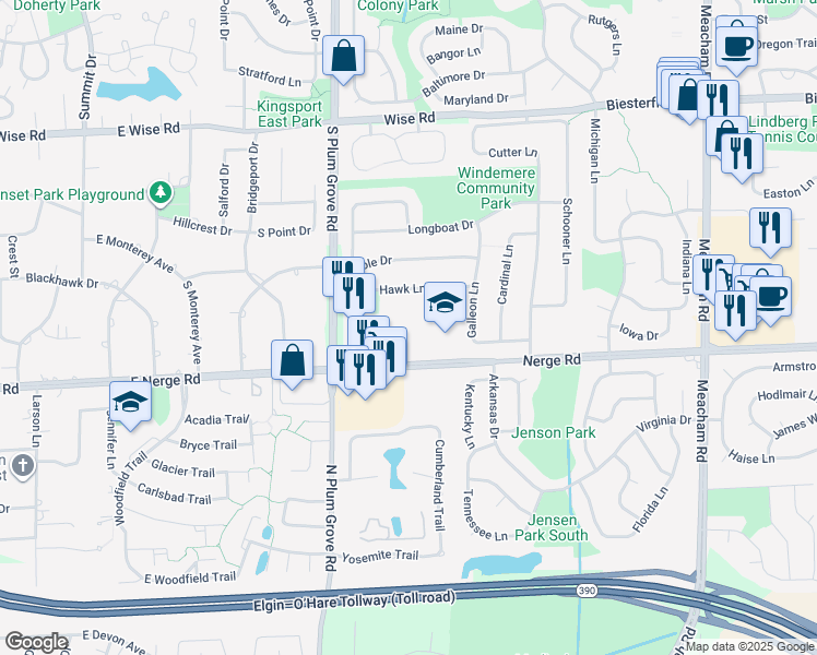 map of restaurants, bars, coffee shops, grocery stores, and more near 1940 Nerge Road in Elk Grove Village