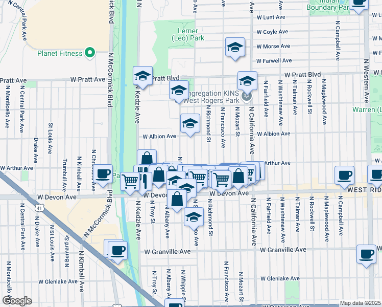 map of restaurants, bars, coffee shops, grocery stores, and more near 6522 North Sacramento Avenue in Chicago