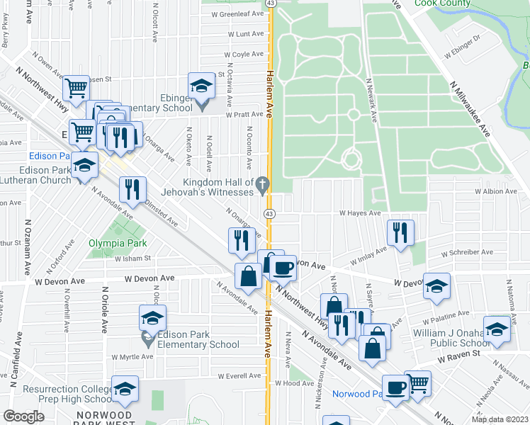 map of restaurants, bars, coffee shops, grocery stores, and more near 6546 Illinois 43 in Chicago