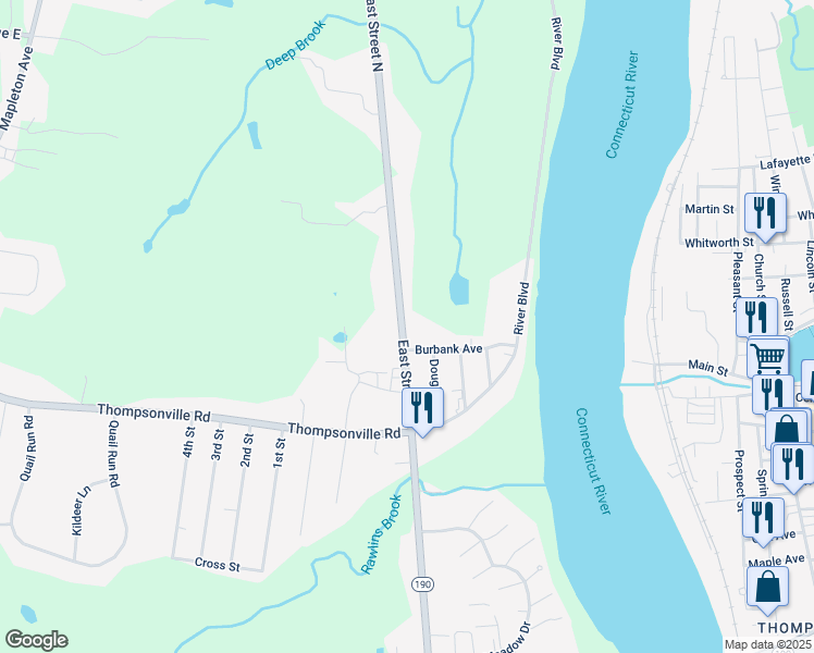 map of restaurants, bars, coffee shops, grocery stores, and more near 822 East Street North in Suffield