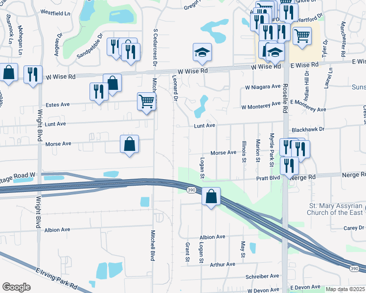 map of restaurants, bars, coffee shops, grocery stores, and more near 1450 Grant Street in Schaumburg