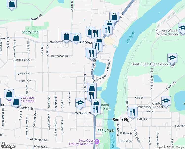 map of restaurants, bars, coffee shops, grocery stores, and more near 620 North La Fox Street in South Elgin