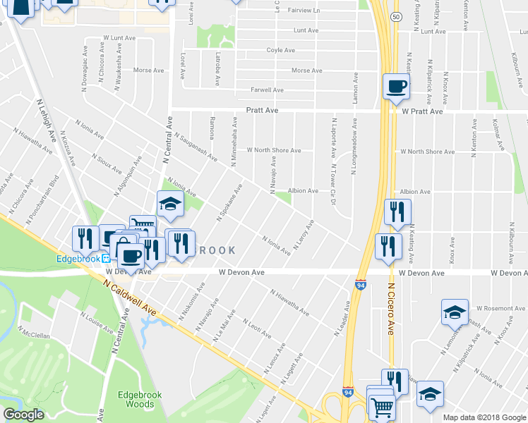 map of restaurants, bars, coffee shops, grocery stores, and more near 6532 N Navajo Ave in Lincolnwood