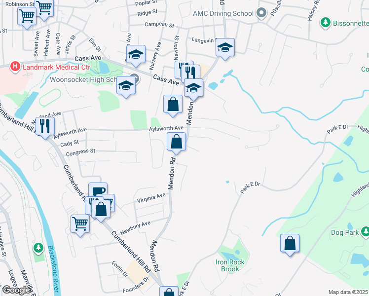 map of restaurants, bars, coffee shops, grocery stores, and more near 1442 Mendon Road in Woonsocket