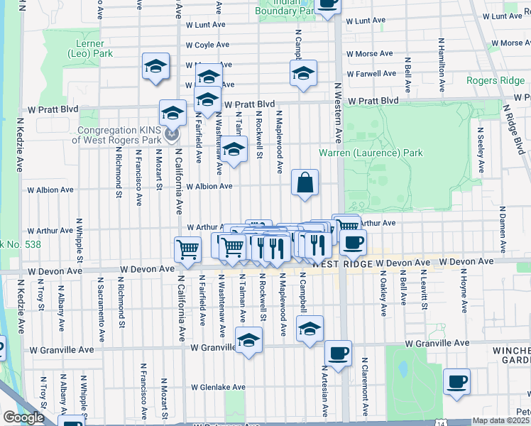 map of restaurants, bars, coffee shops, grocery stores, and more near 6517 North Rockwell Street in Chicago