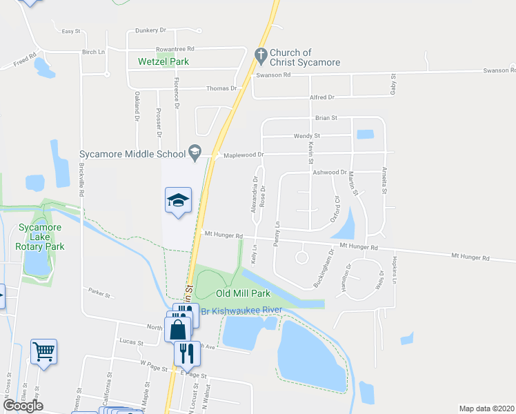 map of restaurants, bars, coffee shops, grocery stores, and more near 1133 Rose Drive in Sycamore
