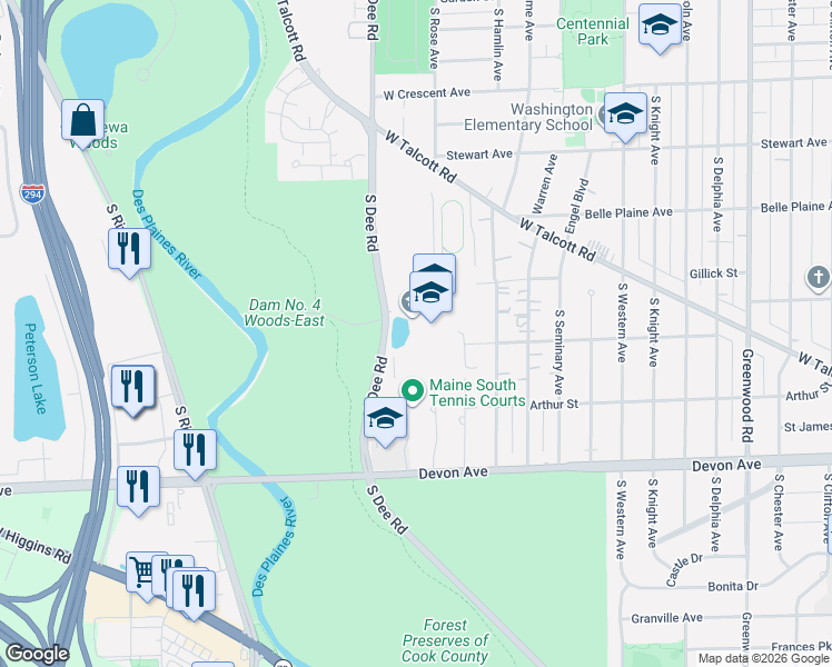 map of restaurants, bars, coffee shops, grocery stores, and more near 1111 South Dee Road in Park Ridge