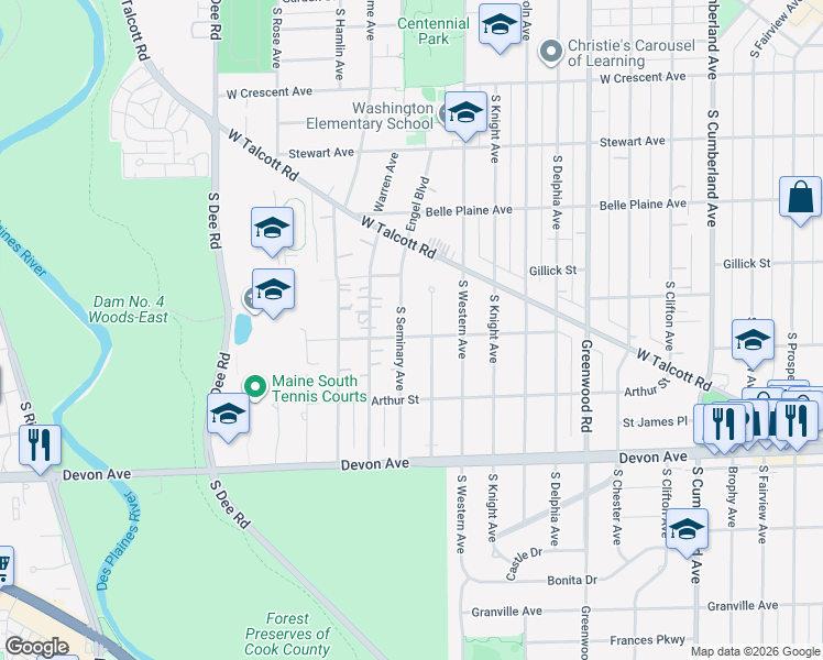 map of restaurants, bars, coffee shops, grocery stores, and more near 831 South Seminary Avenue in Park Ridge