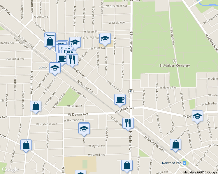 map of restaurants, bars, coffee shops, grocery stores, and more near 6598 North Onarga Avenue in Chicago