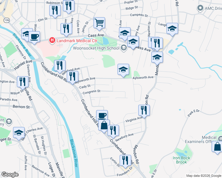 map of restaurants, bars, coffee shops, grocery stores, and more near 103 Vineyard Street in Woonsocket