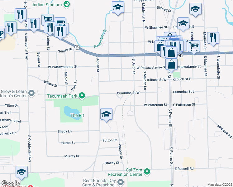 map of restaurants, bars, coffee shops, grocery stores, and more near 600 Cummins Street West in Tecumseh