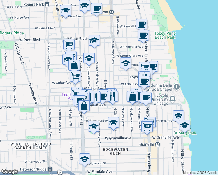 map of restaurants, bars, coffee shops, grocery stores, and more near 1414 West Arthur Avenue in Chicago