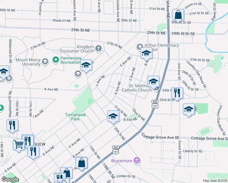 map of restaurants, bars, coffee shops, grocery stores, and more near 2210 D Avenue Northeast in Cedar Rapids