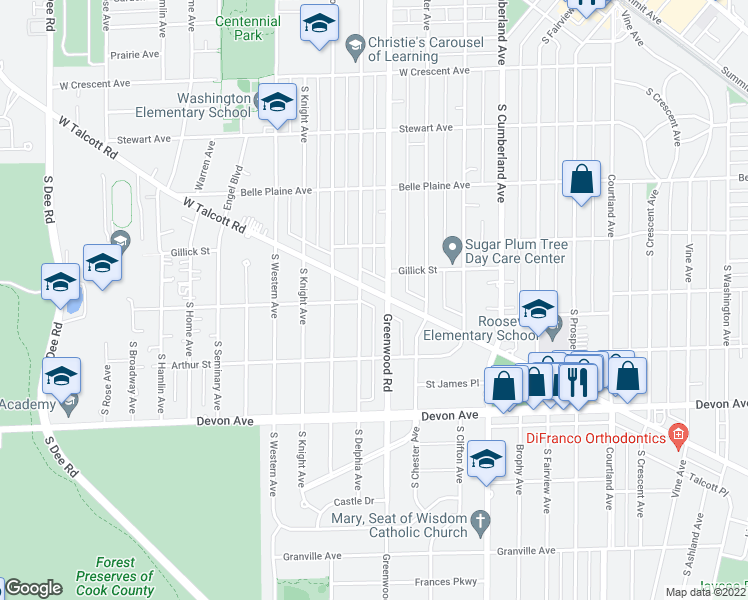 map of restaurants, bars, coffee shops, grocery stores, and more near 1211 West Talcott Road in Park Ridge