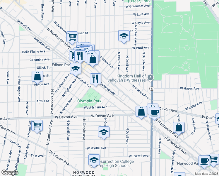 map of restaurants, bars, coffee shops, grocery stores, and more near 6567 North Olmsted Avenue in Chicago