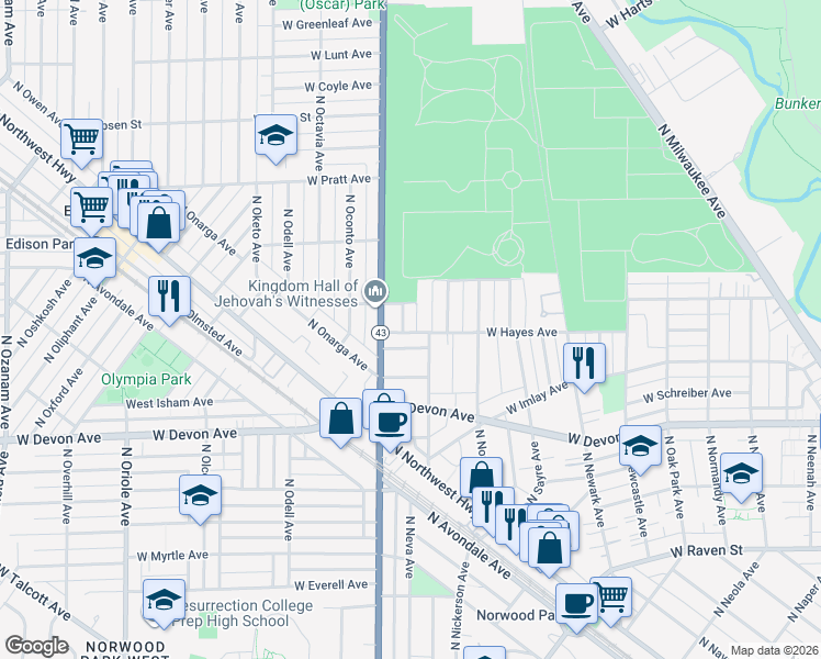 map of restaurants, bars, coffee shops, grocery stores, and more near 6500 North Neva Avenue in Chicago