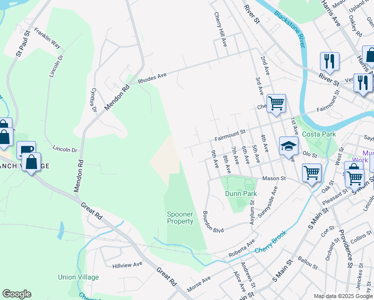 map of restaurants, bars, coffee shops, grocery stores, and more near 70 11th Avenue in Woonsocket