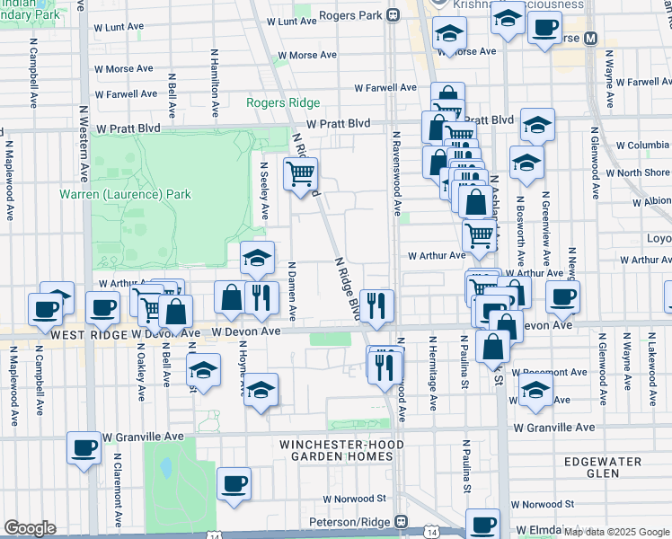 map of restaurants, bars, coffee shops, grocery stores, and more near 6500 North Ridge Boulevard in Chicago