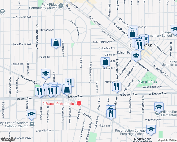 map of restaurants, bars, coffee shops, grocery stores, and more near 904 South Washington Avenue in Park Ridge