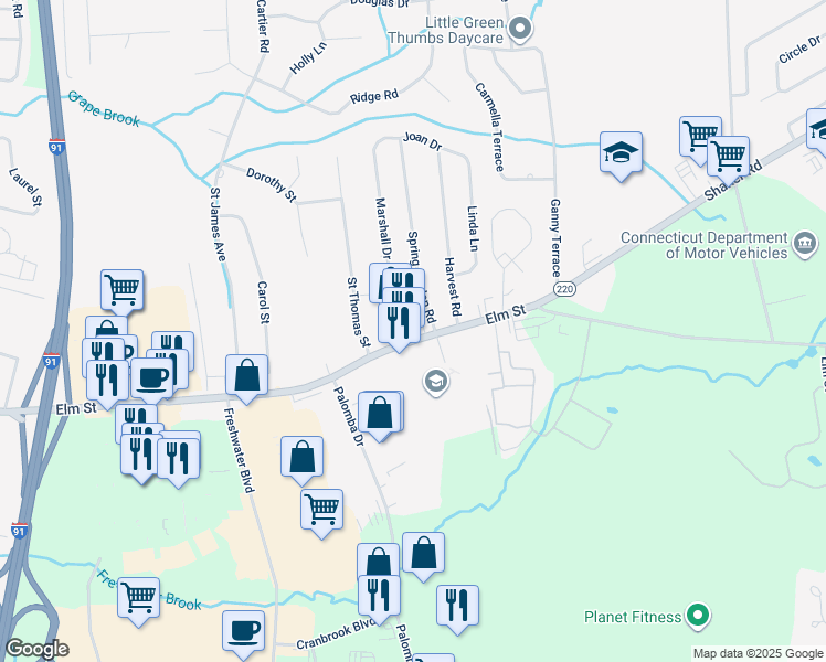 map of restaurants, bars, coffee shops, grocery stores, and more near 171 Elm Street in Enfield