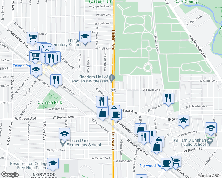 map of restaurants, bars, coffee shops, grocery stores, and more near 6548 North Harlem Avenue in Chicago