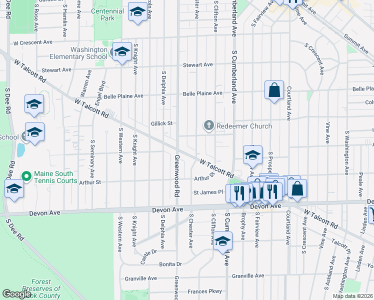 map of restaurants, bars, coffee shops, grocery stores, and more near 1120 West Talcott Road in Park Ridge