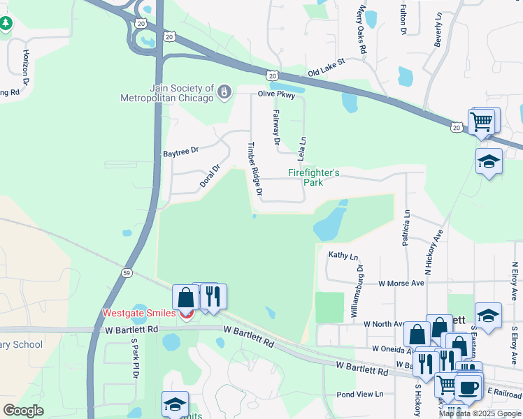 map of restaurants, bars, coffee shops, grocery stores, and more near 691 Timber Ridge Drive in Bartlett