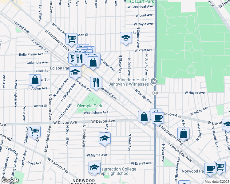 map of restaurants, bars, coffee shops, grocery stores, and more near 6567 North Olmsted Avenue in Chicago