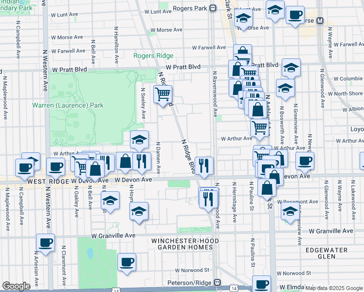map of restaurants, bars, coffee shops, grocery stores, and more near 6500 North Ridge Boulevard in Chicago