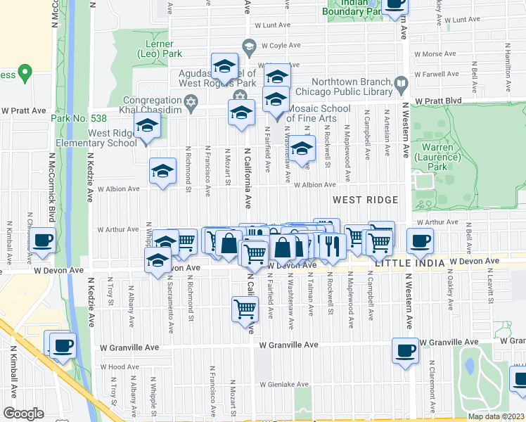 map of restaurants, bars, coffee shops, grocery stores, and more near 6520 North Fairfield Avenue in Chicago