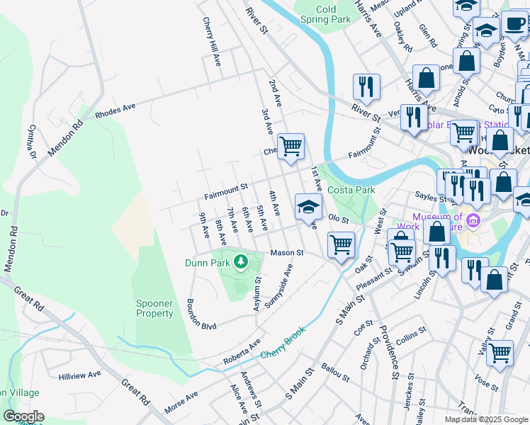 map of restaurants, bars, coffee shops, grocery stores, and more near 131 5th Avenue in Woonsocket