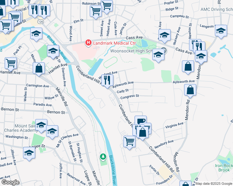 map of restaurants, bars, coffee shops, grocery stores, and more near 442 Cumberland Hill Road in Woonsocket