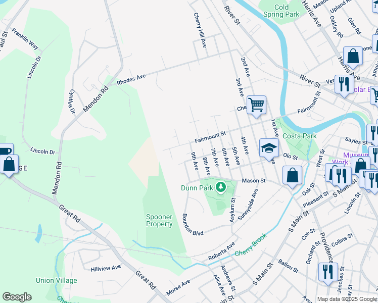 map of restaurants, bars, coffee shops, grocery stores, and more near 418 9th Avenue in Woonsocket