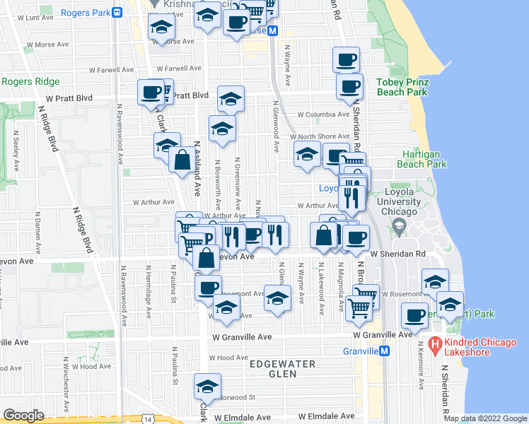 map of restaurants, bars, coffee shops, grocery stores, and more near 1418 West Arthur Avenue in Chicago