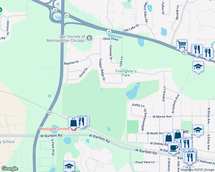 map of restaurants, bars, coffee shops, grocery stores, and more near 691 Timber Ridge Drive in Bartlett