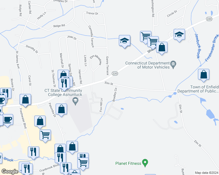 map of restaurants, bars, coffee shops, grocery stores, and more near 202 Elm Street in Enfield