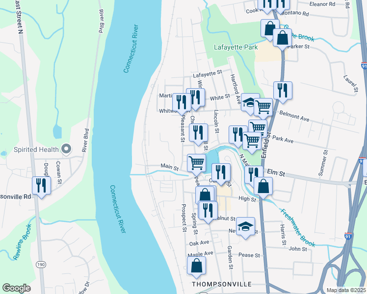 map of restaurants, bars, coffee shops, grocery stores, and more near 22h Pleasant Street in Enfield