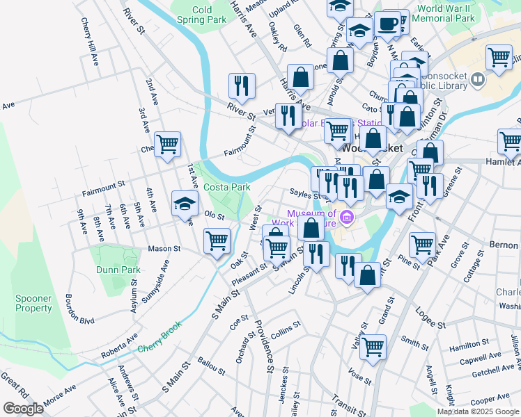 map of restaurants, bars, coffee shops, grocery stores, and more near 127 Hope Street in Woonsocket