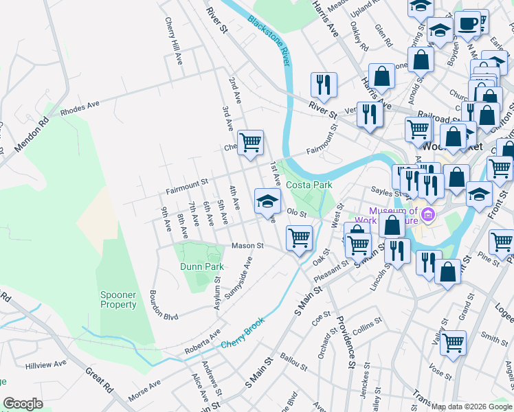 map of restaurants, bars, coffee shops, grocery stores, and more near 126 3rd Avenue in Woonsocket